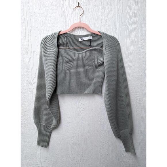 NWT Zara Ribbed Arm Warmers & Strapless Top Bodice Set Gray Green Size Medium - Picture 2 of 8
